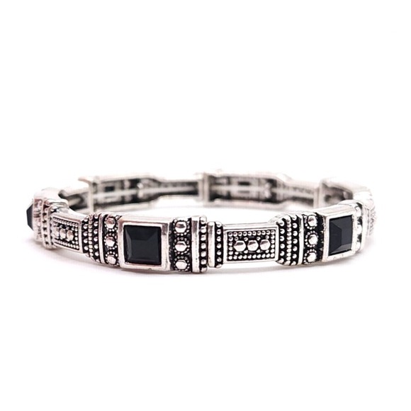 The Unbranded Brand Jewelry - Silver Tone Art Deco Stretch Bracelet Women's Black Square Gem Vintage Style